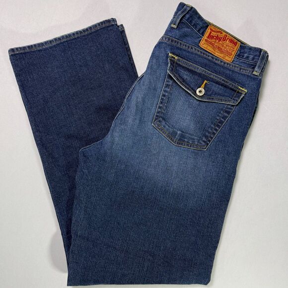 Lucky Brand Dungarees Jeans, Sz 36, Med Wash Distressed, Back Flap Button Pocket - Picture 1 of 16